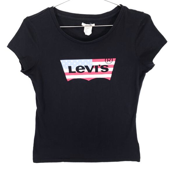Levis T Shirt Women Small Black American Flag USA Batwing Logo Graphic Print Tee - Picture 1 of 4